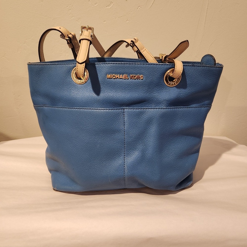 Michael Kors MK Bedford Heritage Double Pocket Tote Blue Shoulder Handbag